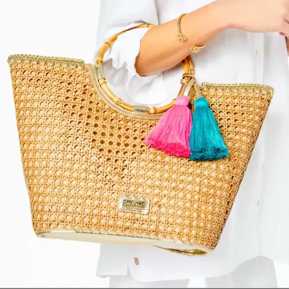 Lilly Pulitzer Handbags - Lilly Pulitzer Grotto Cane Wicker Tote Purse Woven Natural Beach